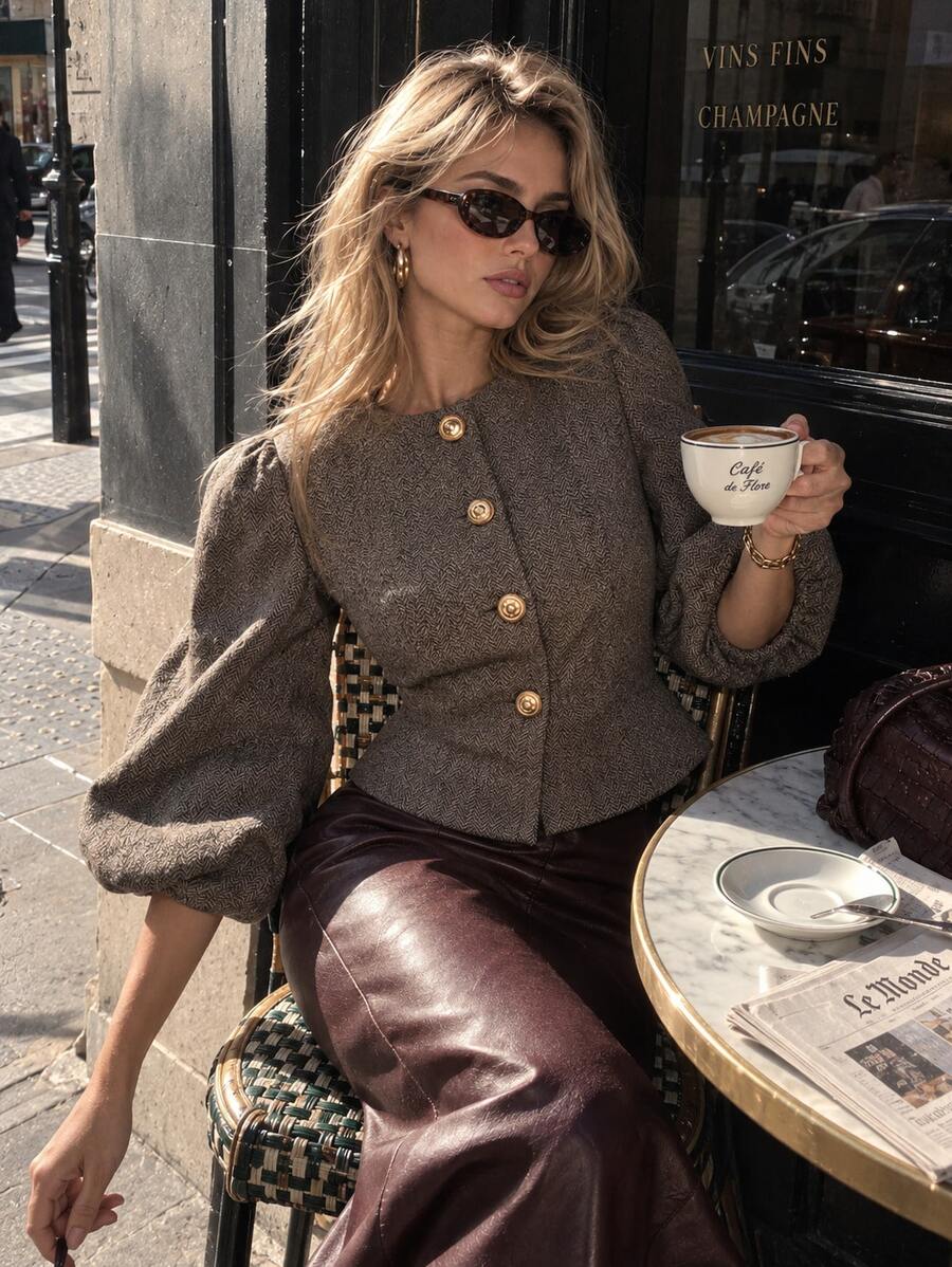 Perirose Women's Vintage Brown Puff Sleeve Jacket Round Neck Button Front Cropped Blazer Elegant Retro Long Sleeve Outerwear Fall Winter Old Money Style - Khaki - View 1