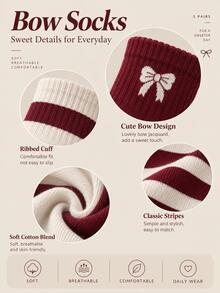 5 Pairs Women's Bowknot Jacquard Mid-Calf Socks, Soft Breathable Cotton Knitted Calf Socks, Burgundy Striped Pattern Socks, Cute Bowknot Decor Ribbed Socks, Versatile Daily Japanese Sweet Style Multi-Pack, Suitable For Women And Girls - Multicolor - View 4