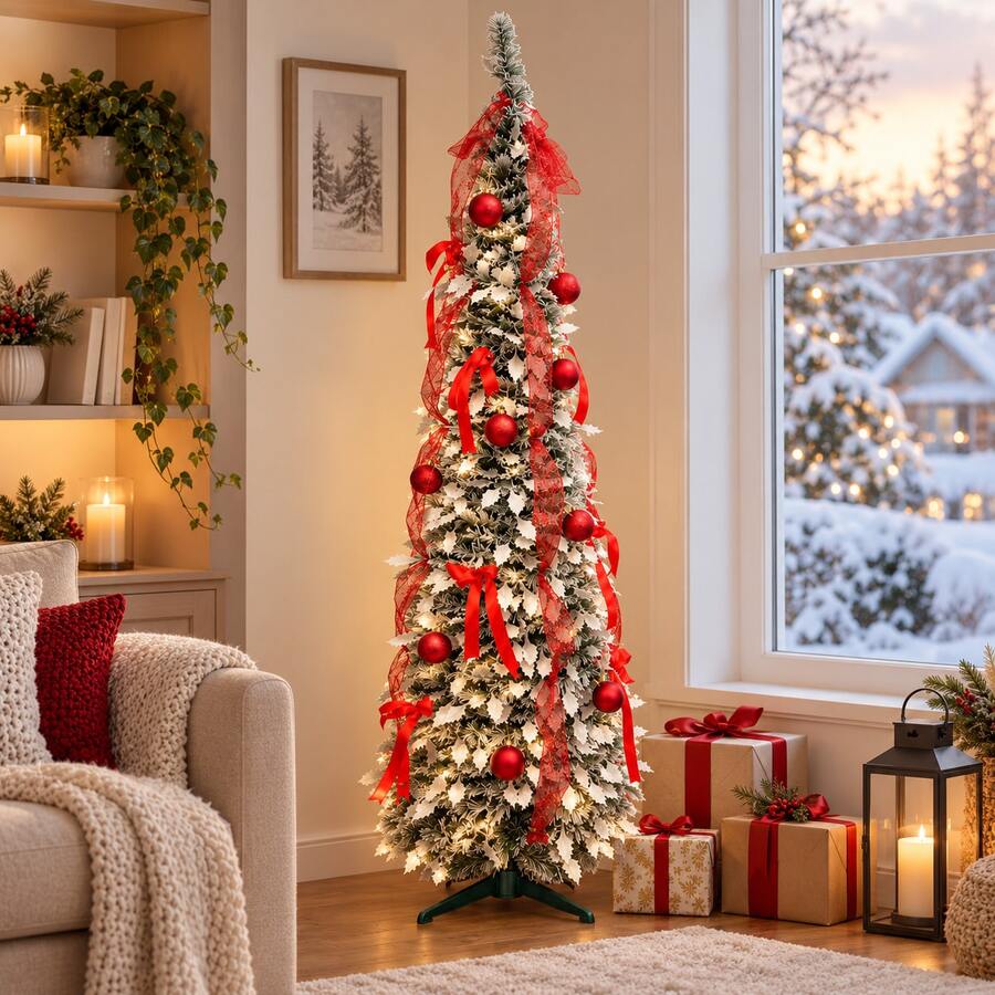 Decorated Christmas Tree With Ribbon And Hanging Balls, Snow Style PVC Tree For Home Office Shop Window Display - Green - View 1
