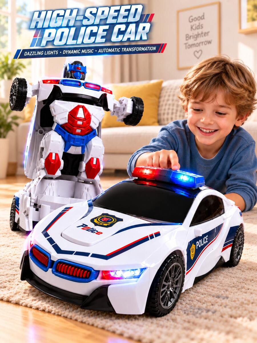 1pc Fully Automatic Transforming Police Car Kids Toy, Light & Music Electric Omnidirectional Robot Model, Cool Educational Toy, Suitable Birthday Gift For Boys