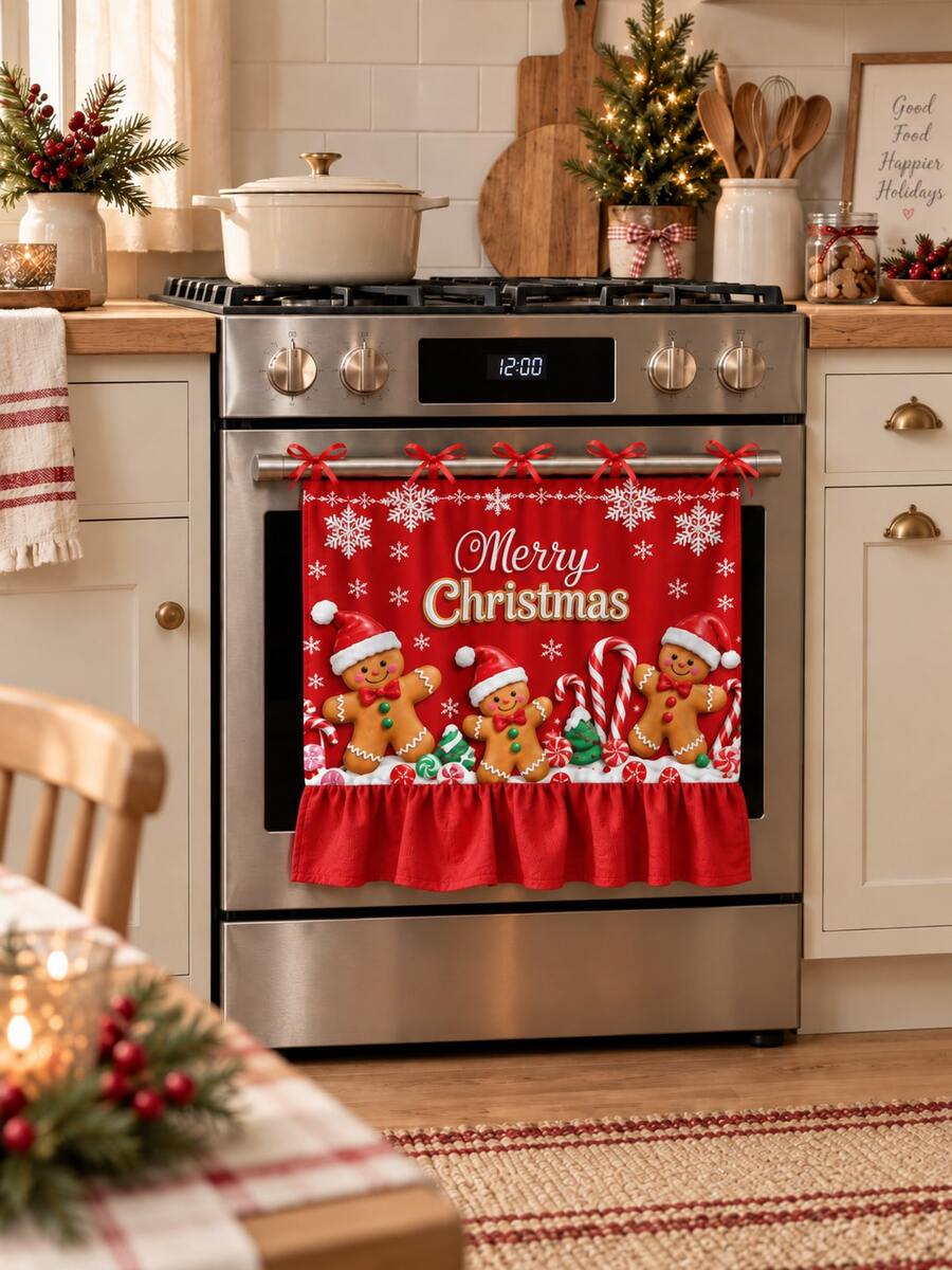 Christmas Oven Door Curtain, Gingerbread Man Santa Claus Wreath Print Ruffle Edge Oven Cover With Tie Bow, Christmas Kitchen Decor - A - View 1