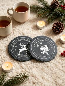 Personalized Christmas Slate Coasters, Custom Family Name & Date Natural Black Stone Drink Coaster, Cup Mats With Reindeer Christmas Tree Santa Design, Heat Resistant For Dining Table Holiday Decor Xmas Housewarming Family Keepsake Gift - Multicolor - View 3