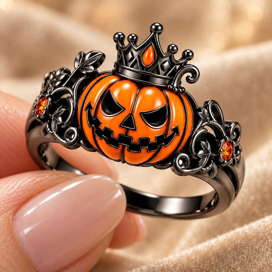 1PC Halloween Pumpkin Crown Ring, 5A Zirconia Inlaid Enamel Statement Ring For Men Women, Unisex Party Jewelry, Ring Box Not Included - Orange - View 1