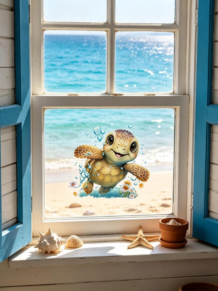 1pc Charming Turtle Toilet Seat Sticker - Waterproof Bathroom Decal, Suitable For Toilet Seat, Wall And Door, Beautiful Home Decor - Multicolor - View 1