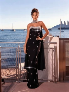 Elegant Charming Women's Heavily Embellished Full Rhinestone Sparkling Long Evening Gown - Black - View 3