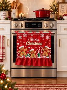 Christmas Oven Door Curtain, Gingerbread Man Santa Claus Wreath Print Ruffle Edge Oven Cover With Tie Bow, Christmas Kitchen Decor - A - View 6
