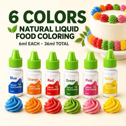 Cherrysea. 6 Colors Natural Liquid Food Coloring Set, 6ml Each, 36ml Total, Naturally Derived Food Dye For Baking, Icing, Frosting, Fondant, Cakes, Cookies And Easter Egg Decorating