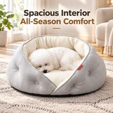 1pc Cozy Half-Enclosed Pet Bed For Cats & Small Dogs, Soft Fleece Lining, Raised Rim Support, Plush PP Cotton Cushion, Anti-Slip Bottom, Warm Comfortable All-Season Sleeping Nest - Grey - View 8