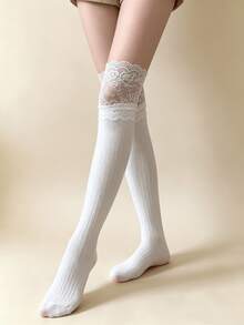 1/2 Pairs Sweet Girl Lace Trim Vertical Stripe Versatile Comfortable Knee-High Socks - Multicolor - View 8