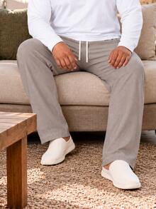 Plus Size Men's Long Lounge Pants, Brown Faux Waffle Print, Comfortable Casual Home Pants, Elastic Waist Drawstring Lounge Pants - Multicolor - View 2