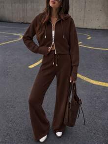 Knitwear Two Pieces; Cozy Ribbed Knit Co-Ords Ribbed Two Pieces Set– Long Sleeve Pullover And Relaxed Wide-Leg Pants Knit Two Pieces,Autumn/ Winter - Brown - View 2