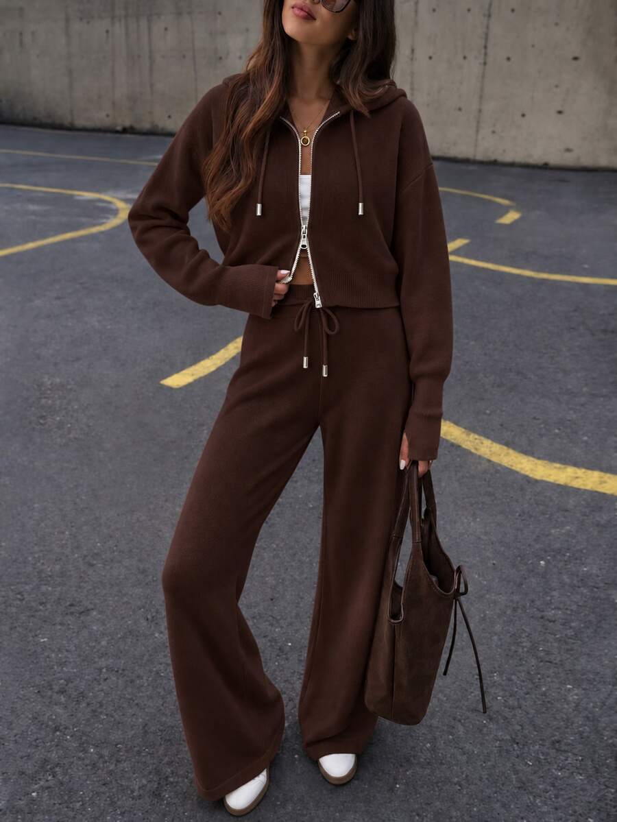Knitwear Two Pieces; Cozy Ribbed Knit Co-Ords Ribbed Two Pieces Set– Long Sleeve Pullover And Relaxed Wide-Leg Pants Knit Two Pieces,Autumn/ Winter
