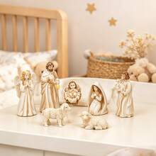 7pcs Classic Christmas Nativity Scene Art Jewelry Set, Durable Resin Material, Suitable For Nursery Decor, Traditional Christmas Gift, Handmade Warm Tone - Multicolor - View 3