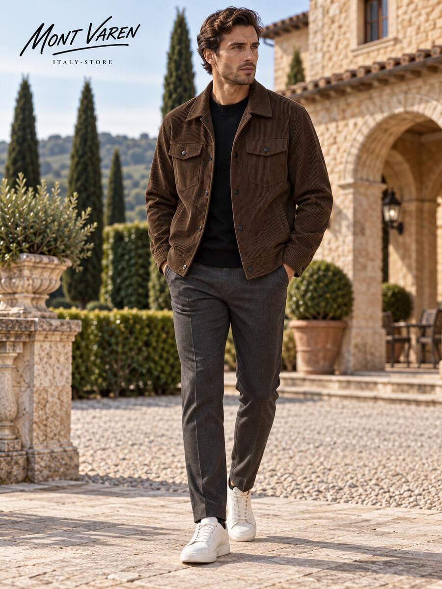 MONT VAREN Men's Dark Brown Knit Corduroy Jacket With Snap Front And Flap Pockets - Dark Brown - View 1