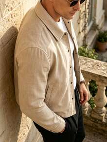 Men's Linen Short Single-Breasted Jacket - Khaki - View 5