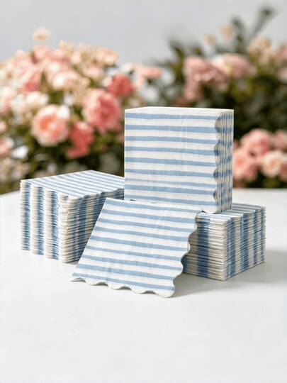 20/40 piezas de servilletas a rayas azules & blancas con borde ondulado, posavasos de cóctel desechables con borde ondulado, adecuados para decoración de mesa de boda, baby shower, fiesta de cumpleaños