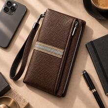 HOVI'S Dompet Clutch Pergelangan Tangan Panjang Pria, Tas Tangan Bisnis Kapasitas Besar Dekorasi Motif Garis, Kantong Tangan Multi-Resleting dengan 8 Slot Kartu dan Tali Pergelangan yang Dapat Dilepas - MultiWarna - View 10