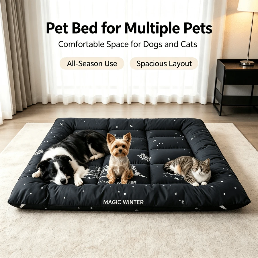 1‑Piece Black Winter Tree Snowflake Print Pet Mattress, Modern Style Polyester Rectangular Quilted Cushion, Roll‑Up Portable Sleeping Pad For Dog Cat Indoor Home Use All Seasons