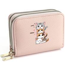 1pc Stacked Cartoon Cat Pattern Litchi Texture PU Leather Double Zipper Accordion Multi-Slot Compact Short Wallet Card Holder, Cute Girly Style, Suitable For Girls To Store Bank Cards And Coins - Multicolor - View 5