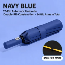 12-Rib Double-Reinforced Automatic Open/Close Folding Umbrella, 24 Ribs Total, Sturdy Wind-Resistant Frame, Extra-Large Canopy For Effective Rain Protection, 3-Fold Portable And Collapsible, Sun And Rain Dual Use, Minimalist Solid Color Business Style, Suitable For Daily Commute, Outdoor Travel, Business Trips And Sightseeing, Handles Heavy Rain And Strong Wind, Practical Rain Protection Tool For Home And Travel, Halloween, Thanksgiving, Christmas, Birthday Gift, Fully Automatic Open/Close - A - View 18
