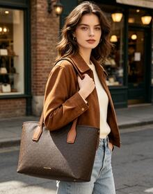 Michael Kors MK Charlie Logo 中號托特包附小拉鍊收納包錢包組，女款休閒通勤手提肩背包，時尚禮品包 - 黑棕色 - 查看 8