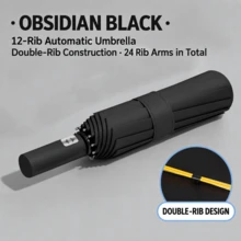 12-Rib Double-Reinforced Automatic Open/Close Folding Umbrella, 24 Ribs Total, Sturdy Wind-Resistant Frame, Extra-Large Canopy For Effective Rain Protection, 3-Fold Portable And Collapsible, Sun And Rain Dual Use, Minimalist Solid Color Business Style, Suitable For Daily Commute, Outdoor Travel, Business Trips And Sightseeing, Handles Heavy Rain And Strong Wind, Practical Rain Protection Tool For Home And Travel, Halloween, Thanksgiving, Christmas, Birthday Gift, Fully Automatic Open/Close - A - View 12