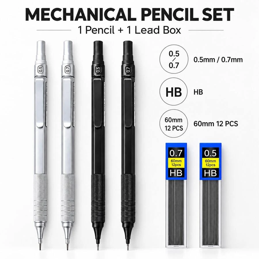 Mechanical Pencil Set, 0.5mm/0.7mm, 60mm Replaceable Pencil Leads, Precision Drafting Pencil For Writing Drawing Sketching, School Office Supplies - Multiple Styles - View 1