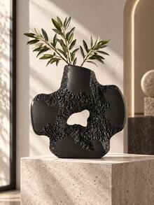 1pc Black Abstract Asymmetrical Hollow Vase, Modern Textured Sculpture Style Vase, Suitable For Living Room, Shelf, Entryway And Desktop Home Decor - Multicolor - View 1