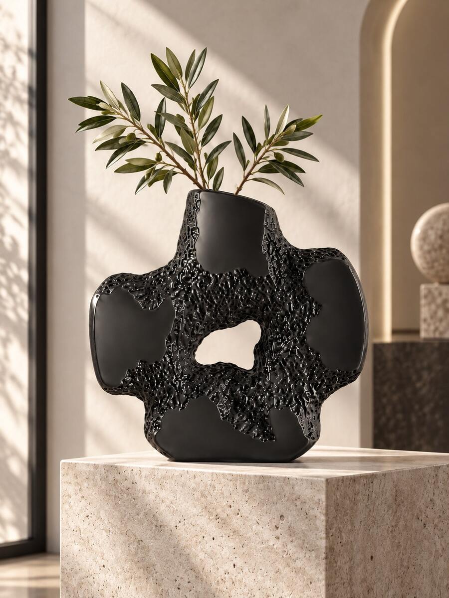 1pc Black Abstract Asymmetrical Hollow Vase, Modern Textured Sculpture Style Vase, Suitable For Living Room, Shelf, Entryway And Desktop Home Decor - Multicolor - View 1