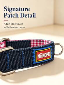 Vintage Denim Patchwork Plaid Dog Collar, Adjustable Size Fashion Plaid Pet Neck Collar, Dog Daily Walking Casual Accessory - Pink - View 7