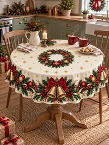 1pc Polyester Christmas Tablecloth, Red Bow Gold Bell Holly Wreath Print Xmas Holiday Table Cover, Traditional Festive Dining Table Decor For Christmas Party Dinner Kitchen Home - Multicolor - View 20