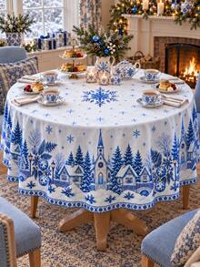 1pc Polyester Christmas Tablecloth, Blue Snowflake Winter Village Christmas Tree House Print Xmas Holiday Table Cover, Festive Dining Table Decor For Christmas Party Kitchen Dining Room Home - Multicolor - View 13