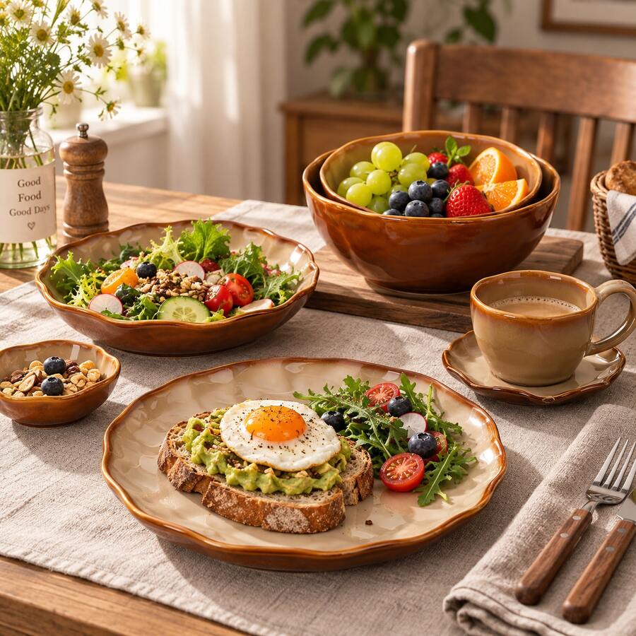 1pc Vintage Kiln-Glazed Ceramic Tableware Set, Wavy Edge Plate, Bowl, Mug, Home Restaurant Retro Dining Tableware - Brown - View 1
