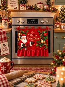 Christmas Oven Door Curtain, Gingerbread House Santa Snowman Print Ruffled Oven Cover With Tie Bows, Xmas Kitchen Home Decoration - B - View 7