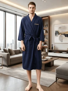 Custom Name Embroidery Waffle Kimono Unisex Robe Waffle Knit Couples Bathrobe Personalized Logo Spa & Hotel Spa Robe Self-Tie Belt Loose Fit Bathrobe - Multicolor - View 10