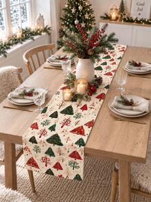 1pc Christmas Table Runner, Watercolor Christmas Tree Pine Branch Berry Print Tabletop Decor, Holiday Dining Room Kitchen Countertop Decoration, Christmas Family Dinner Party Table Centerpiece - Multicolor - View 7