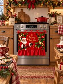 Christmas Oven Door Curtain, Gingerbread House Santa Snowman Print Ruffled Oven Cover With Tie Bows, Xmas Kitchen Home Decoration - B - View 8