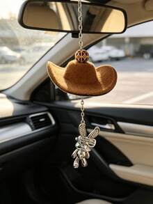 1pc Geometric Bead Cowboy Hat Rabbit Car Hanging Ornament, Brown Fuzzy Hat Silver Rhinestone Bunny Metal Chain Rearview Mirror Pendant Boho Gift - Hat Rabbit - View 5