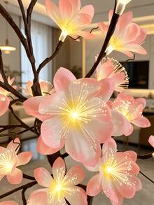 1PC LED Fiber Optic Flower Tree Light, 60CM 24Lights Tabletop Lamp, USB & 3AA Battery Powered, Constant Light Mode, Pink Magnolia, Home Bedroom Living Room Decor, Wedding Holiday Desktop Ornament, Gift - Yellow - View 9