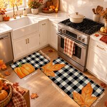 1pc Autumn Pumpkin Maple Leaf Black & White Plaid Kitchen Home Decor Floor Mat, Non-Slip Absorbent Long Runner Rug, Thanksgiving Country Style Bathroom Laundry Room Door Mat Set - Multicolor - View 3
