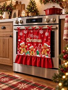 Christmas Oven Door Curtain, Gingerbread Man Santa Claus Wreath Print Ruffle Edge Oven Cover With Tie Bow, Christmas Kitchen Decor - A - View 10