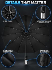 10-Rib Reinforced Automatic Open/Close Folding Umbrella, Sturdy Wind-Resistant Frame, Extra Large Canopy For Effective Rain Protection, 3-Fold Portable Compact Design, Sun And Rain Dual Use, Minimalist Solid Color Business Style, Suitable For Daily Commute, Outdoor Travel, Business Trips And Sightseeing, Handles Heavy Rain And Strong Wind, Practical Rain Protection Tool For Home And Travel, Halloween Thanksgiving Christmas Birthday Gift, Fully Automatic Open/Close - A - View 10