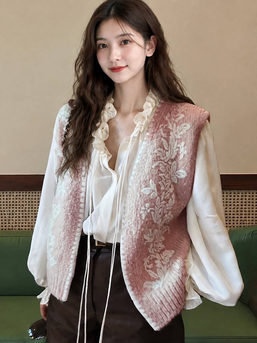 Alicedudu 女士手工刺绣花卉开衫背心,秋冬 - 粉色 - 查看 1