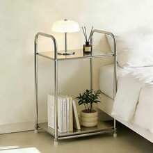 1pc Modern Stainless Steel Edge Storage Bedside Table, Silver, Home Storage Rack, No Assembly Required, Height Under 27 Inches, Space-Saving Design, No Power Needed, Perfect For Sofa And Kitchen, Practical Shelf - Multicolor - View 2