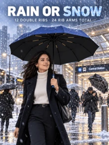 12-Rib Double-Reinforced Automatic Open/Close Folding Umbrella, 24 Ribs Total, Sturdy Wind-Resistant Frame, Extra-Large Canopy For Effective Rain Protection, 3-Fold Portable And Collapsible, Sun And Rain Dual Use, Minimalist Solid Color Business Style, Suitable For Daily Commute, Outdoor Travel, Business Trips And Sightseeing, Handles Heavy Rain And Strong Wind, Practical Rain Protection Tool For Home And Travel, Halloween, Thanksgiving, Christmas, Birthday Gift, Fully Automatic Open/Close - A - View 1