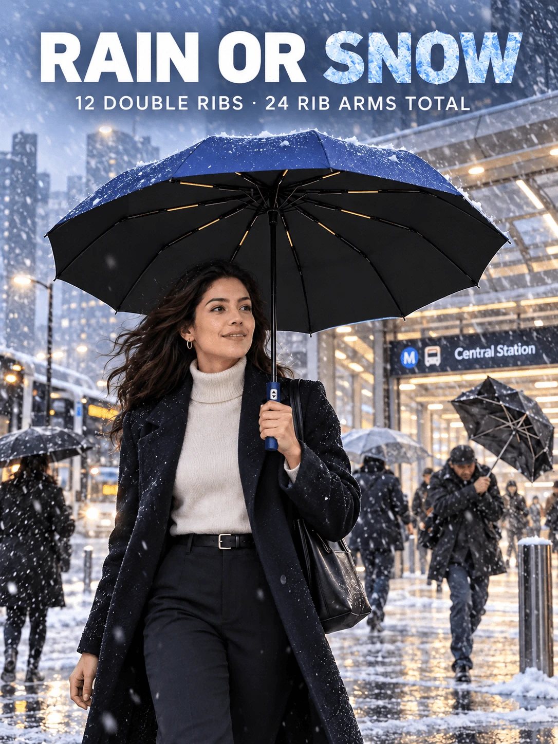 12-Rib Double-Reinforced Automatic Open/Close Folding Umbrella, 24 Ribs Total, Sturdy Wind-Resistant Frame, Extra-Large Canopy For Effective Rain Protection, 3-Fold Portable And Collapsible, Sun And Rain Dual Use, Minimalist Solid Color Business Style, Suitable For Daily Commute, Outdoor Travel, Business Trips And Sightseeing, Handles Heavy Rain And Strong Wind, Practical Rain Protection Tool For Home And Travel, Halloween, Thanksgiving, Christmas, Birthday Gift, Fully Automatic Open/Close - A - View 1
