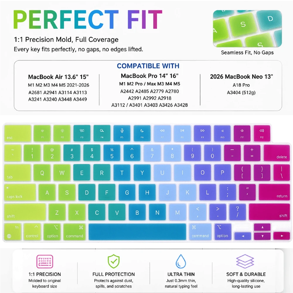 1pc Multi-Color American Layout English Keyboard Skin Compatible With MacBook Air 13.6"/15.3" (M5 M4 M3 M2 M1) 2021-2026 & Pro 14"/16" (M5 M4 M3 M2 M1) 2021-2026, Neo 13" A18 Pro A3404 (512G) With Touch ID, Silicone Keyboard Protector