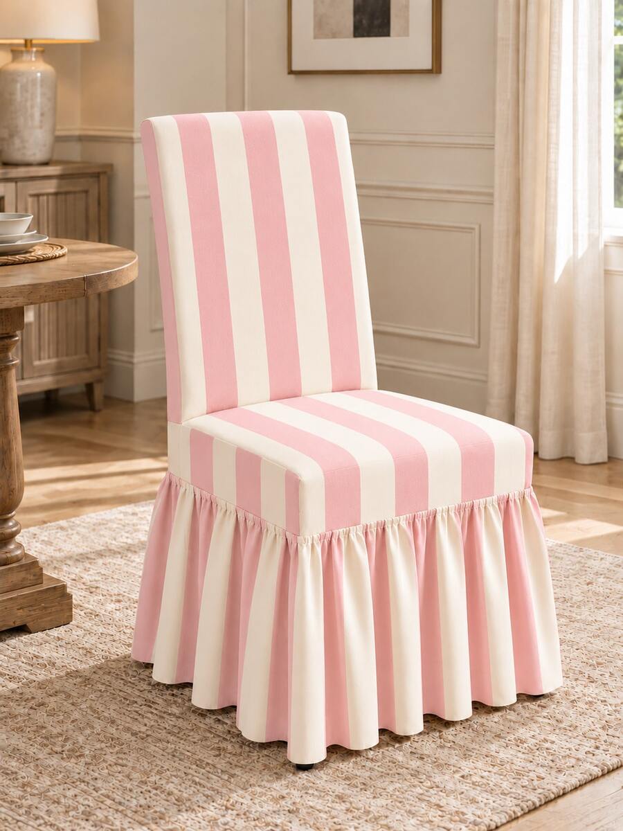 1/4/6pcs Rice Powder Striped Printed Milk Silk Skirt Chair Covers, Fashionable Polyester Thickened High Elasticity All Season Universal Chair Protector Covers Home Decor - Multicolor - View 1
