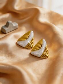 Geometric Triangle Enamel Stud Earrings, Gold Textured Stainless Steel Ear Posts, Color-Block Women's Party Jewelry - Multicolor - View 6