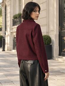 TRAFZA Women's Elegant Casual Tweed Jacket Wool Blend Coat, Warm & Loose Fit, Solid Color, Spring/Autumn - Burgundy - View 2